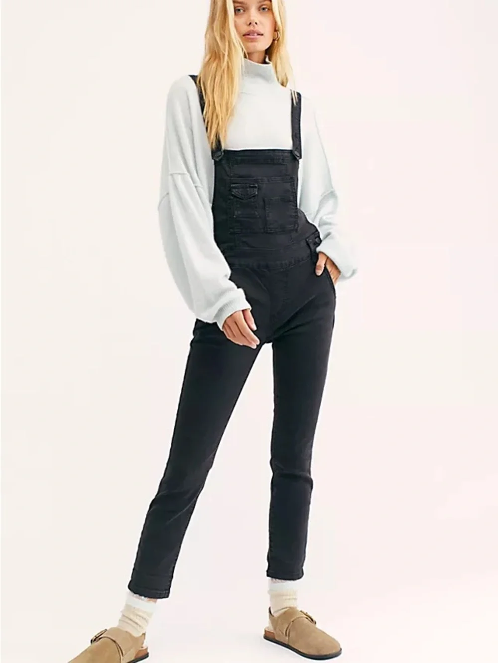 Free People Washed denim black overalls